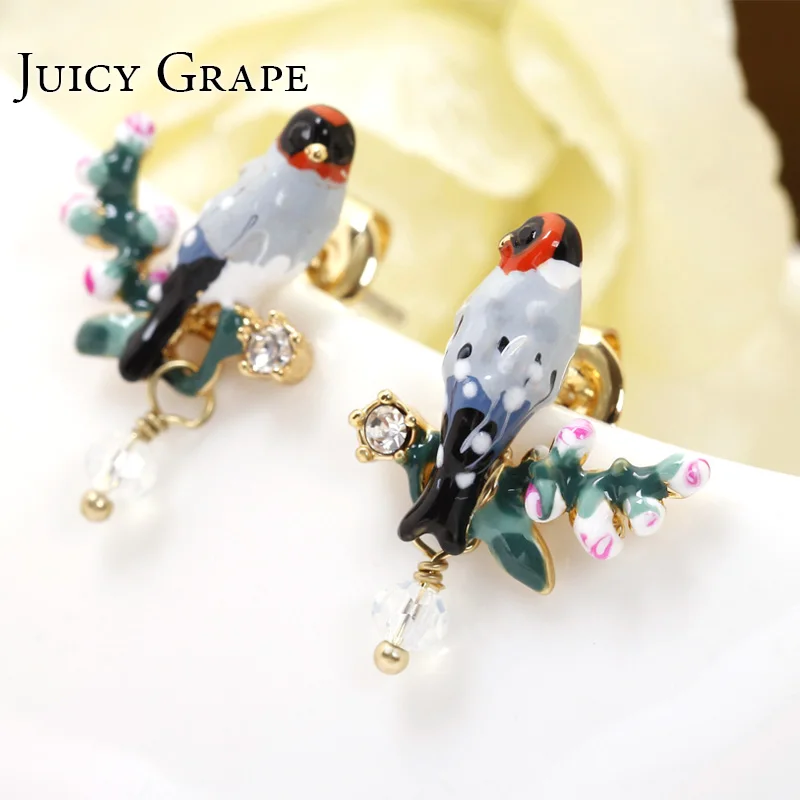 Aestheticism Romantic Nail Enamel Glaze Tweet Bird Pink Colour Cherry Blossoms Ear Gold plated Earring 925 Silver Needle|earrings 925|jewelry