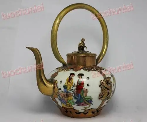 

Ремесла Искусство Тибет белый фарфор Дракон живопись Красота старая ручная работа чайник для чая садовый 100% тибетское серебро латунь