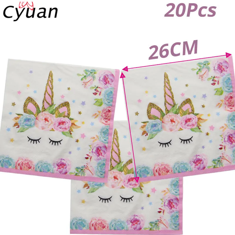20pcs napkins Cyuan Единорог День Рождения Декор бумажные кружки, тарелки, салфетки Торт Топперы Детские партии одноразовые наборы посуды для душа - Цвет: 20pcs napkins