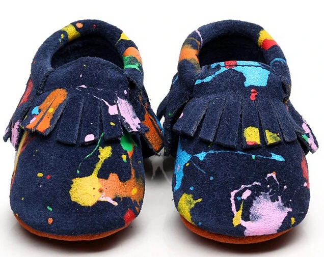 Детские замшевые мокасины с бахромой мягкая подошва Нескользящие граффити для