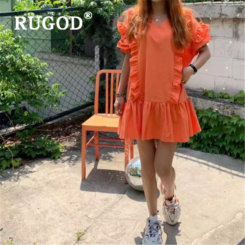 RUGOD корейское модное женское платье элегантное с оборками v-образный вырез для