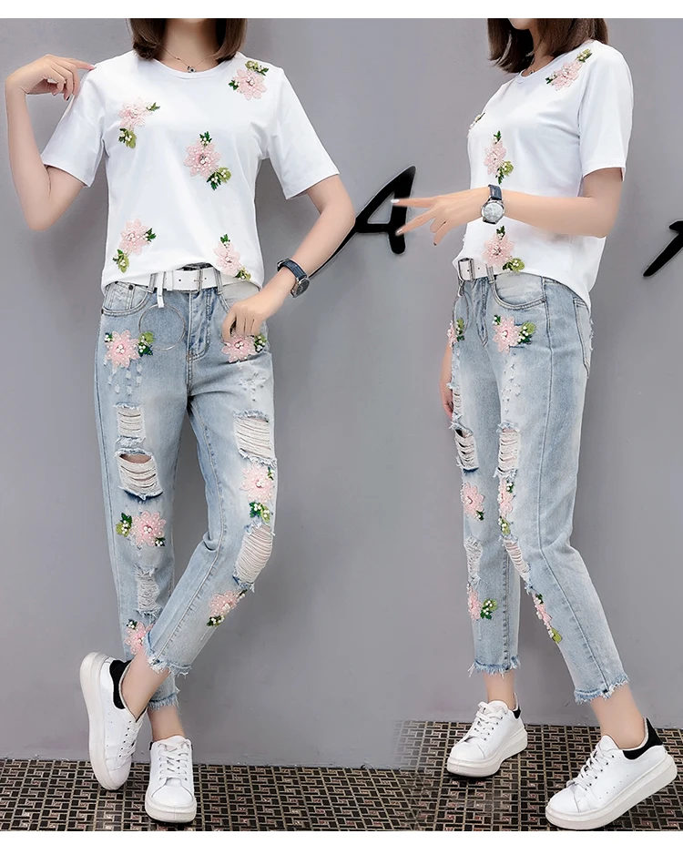 HAMALIEL M-5XL, женские джинсовые костюмы, летние хлопковые белые футболки с вышитыми цветами и бисером+ джинсовые штаны с кисточками