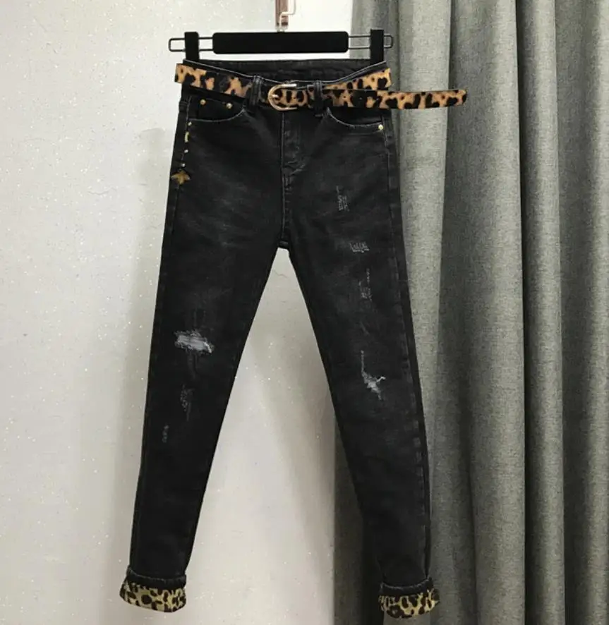 plus size 26-30 winter women fashion leopard print hole elastic high waist thick skinny pencil jeans |