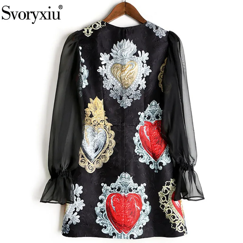 Svoriu Runway Custom Autumn Mini Dress Women's Perspective Lantern Sleeve Patchwork Heart Shaped Printed Elegant Party | Женская