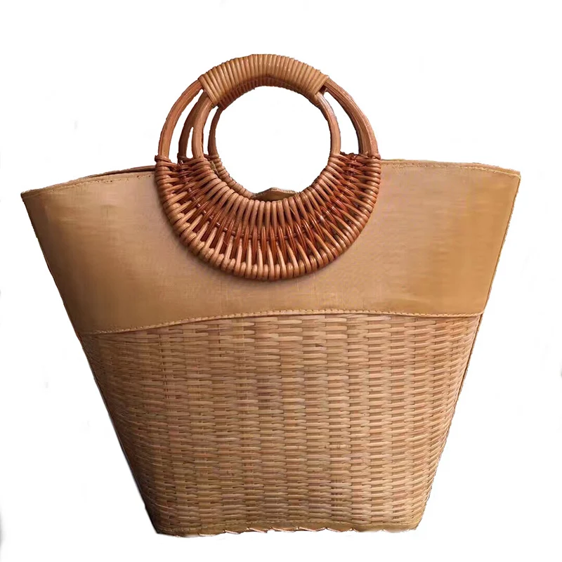 Big Capacity Bamboo Woven Handbag Fashion Shopping Basket Bag Women Handmade Rattan Circle Handle Design Retro Beach | Багаж и сумки