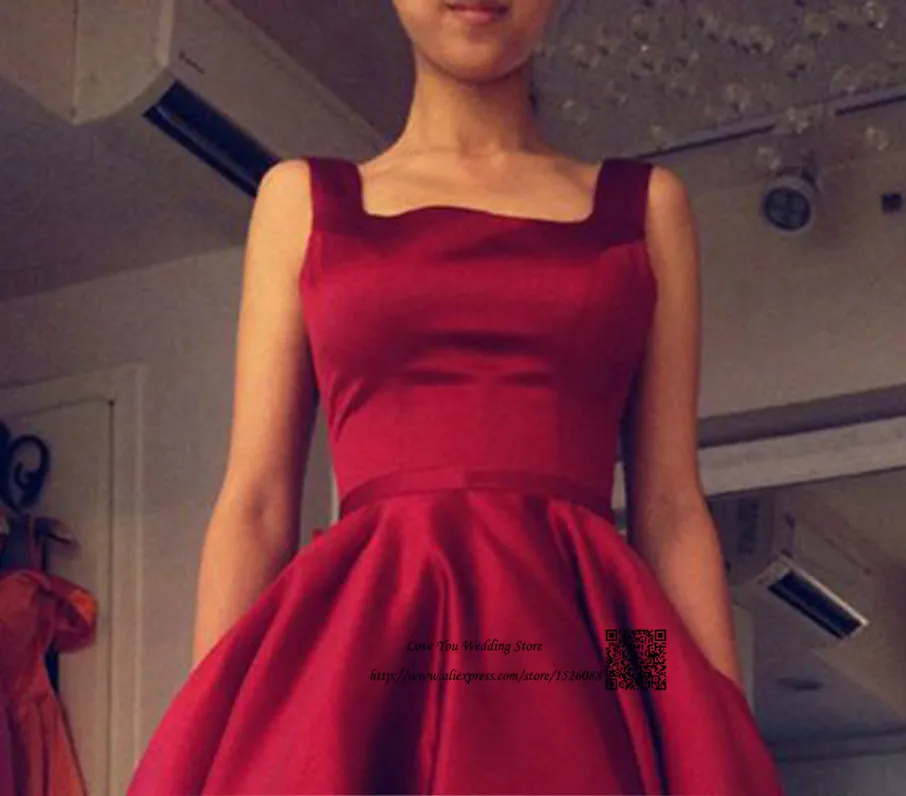 Burgundy Evening Dresses 2016 Short Prom Dress Backless Bow Satin Tea Length Imported Party Square Vestido de Festa Curto | Свадьбы и