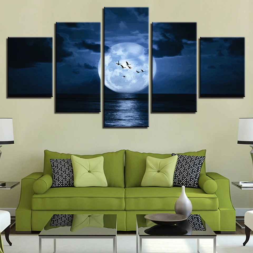 

Night View Frame Painting Decor Room Wall Art 5 Pieces Bird And Moon Reflected On The Lake Canvas Pictures Modular Modern Prints