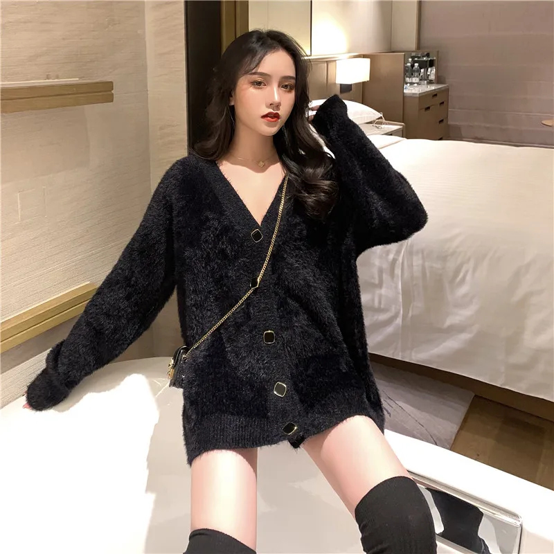 Sweater Women Spring Loose Lazy Wind Thicken Long Sleeve Plush Cardigan Blouse V-neck Knit Casual Simple Solid Color Top C050 |