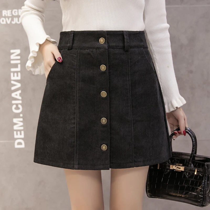 Autumn Skirts Womens Korean Fashion Casual Corduroy Skirt Women Single Breasted A-Line High Waist Mini Jupe Femme Faldas | Женская