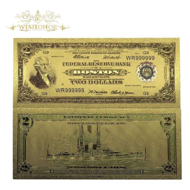 10 шт 1928 американская золотая банкнота 2 доллара США Золотая фольга банкноты