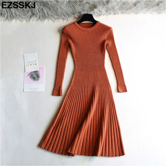 light brown Женское элегантное осенне-зимнее платье-свитер однотонное женское длинное плотное платье свитер длинный рукав ТРАПЕЦИЕВИДНОЕ ПЛАТЬЕ вязаное платье - Цвет: light brown