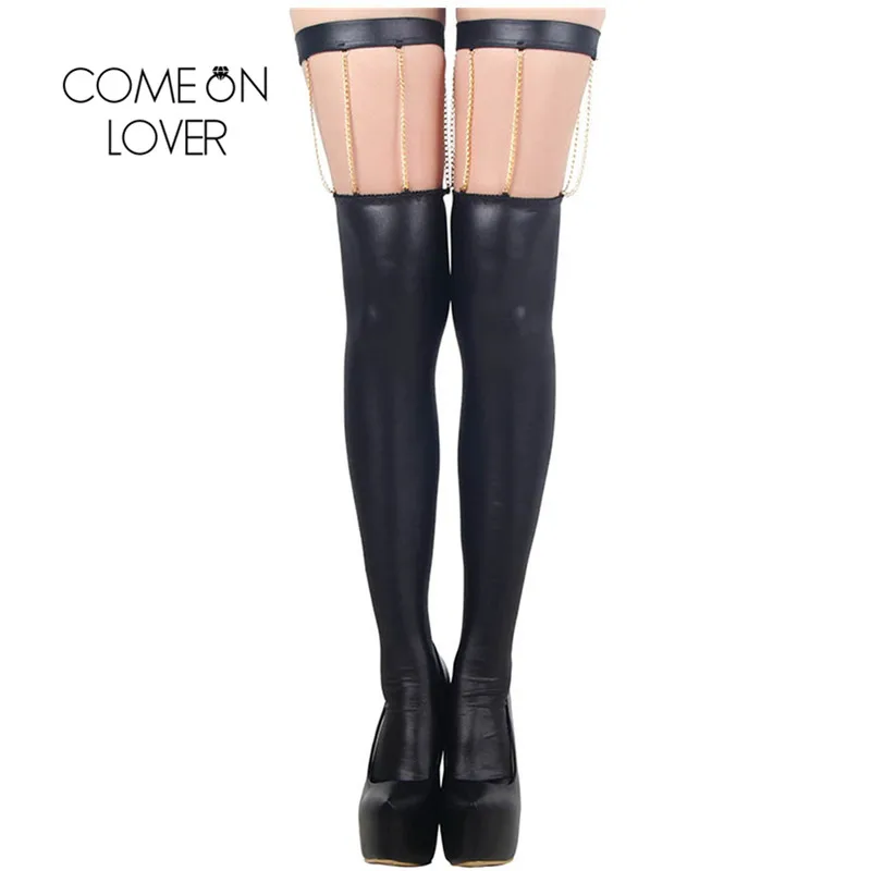 RI80057 Comeonlover с золотой цепью сексуальные чулки модные из искусственной кожи черные