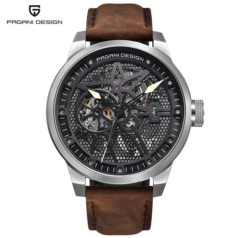 PAGANI Дизайн бренд класса люкс полые автоматические Mechanica lWatch для мужчин Классический Скелет Водонепроницаемый 30 м натуральная кожа часы saat - Цвет: L silver white B