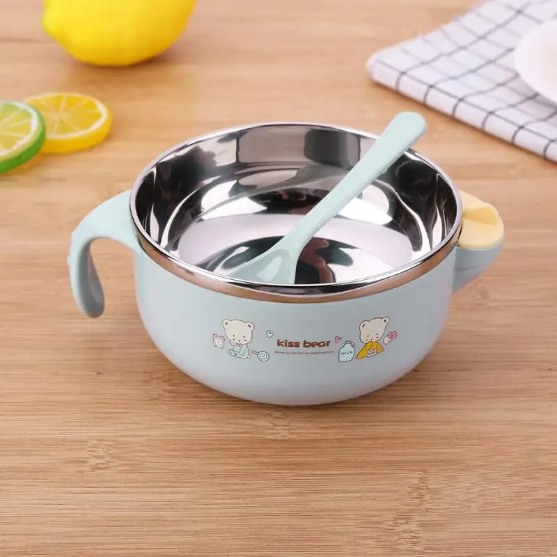 1 шт. набор посуды для кормления с рисунком из мультфильма, Детская Чаша для инъекций из нержавеющей стали, ложка для детского питания, безопасные закуски для фруктов, случайный цвет