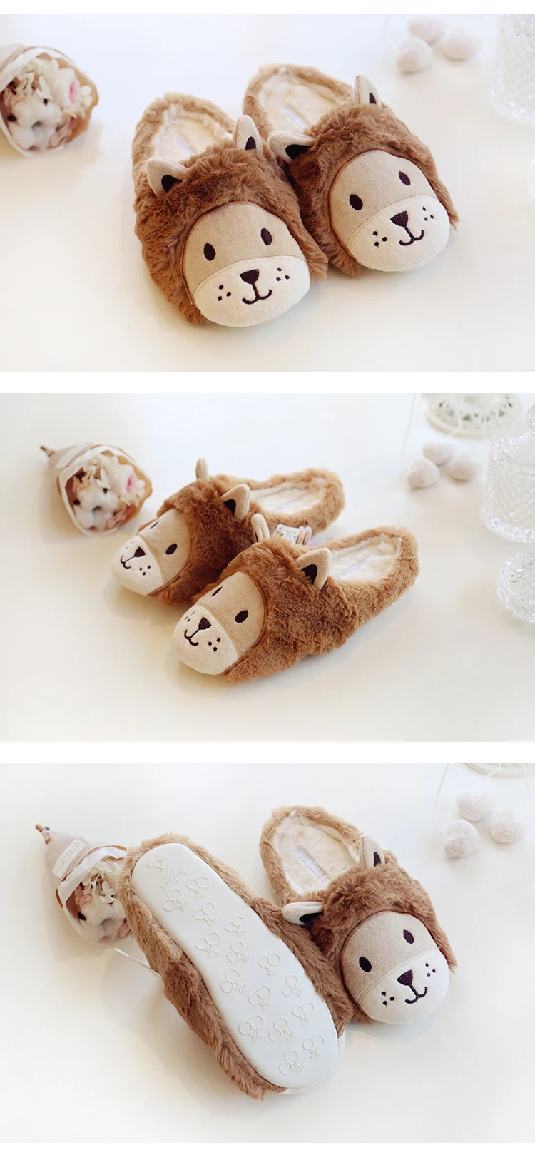 Kawaii/домашние тапочки с рисунком льва для женщин; Повседневная Домашняя обувь для влюбленных пар; зимние короткие плюшевые теплые домашние тапочки для женщин