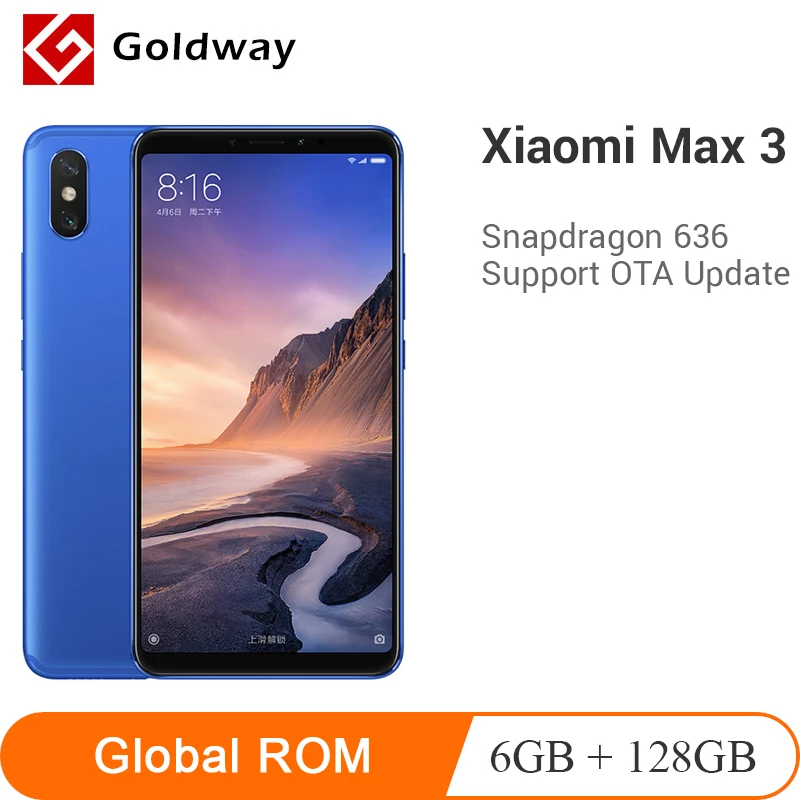Original Xiaomi Mi Max 3 6GB RAM 128GB ROM Mobile Phone 6.9" Full Screen Snapdragon 636 Octa Core 5500mAh 12MP+5MP Dual Camera