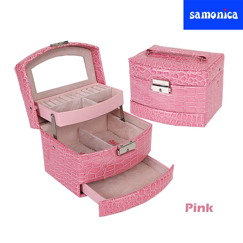 Pink Крокодиловый узор многофункциональная полиуретановая шкатулка для украшений трехслойное Ожерелье Кольцо Серьги коробочка для украшений портативная дорожная незаменимая - Цвет: Pink