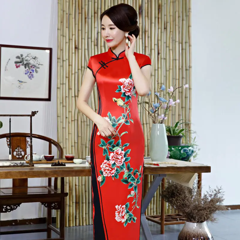 

Traditional Chinese Lady Long Cheongsam Women Silk Summer Maxi Dress Prom Gown M-3XL