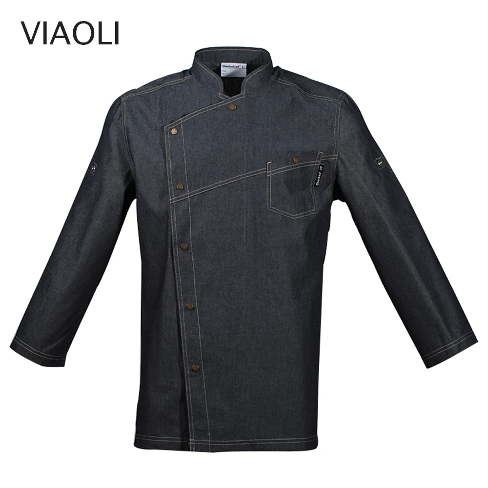 New Unisex Casual Blue Denim Fabric Chef Jackets Long Sleeve Kitchen Catering Restaurant Food Serive Hotel Uniform Chef Clothes