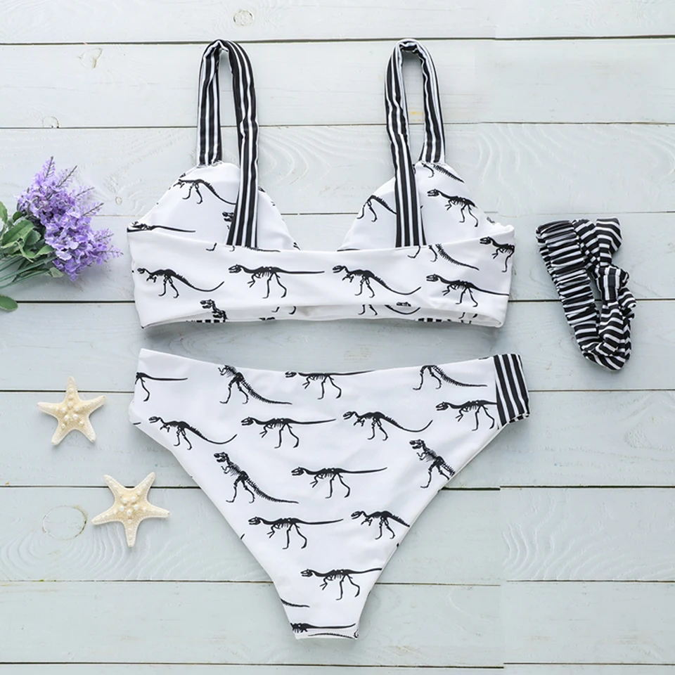 Вертикальное полосатое бикини с принтом животных V шеи Бикини Топ подвесной