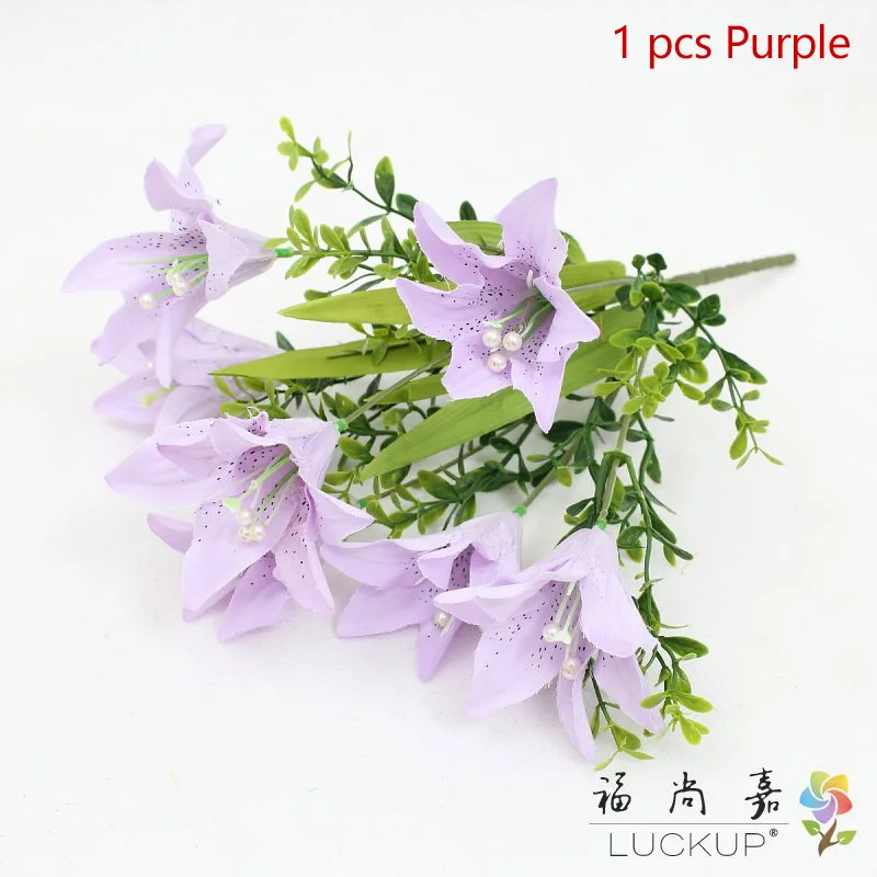 Purple 1 шт. Красивые Искусственные 7 цветок головы лилии букет шелковые цветы для дома украшение в виде свадебного букета 6 цветов F484 - Цвет: Purple