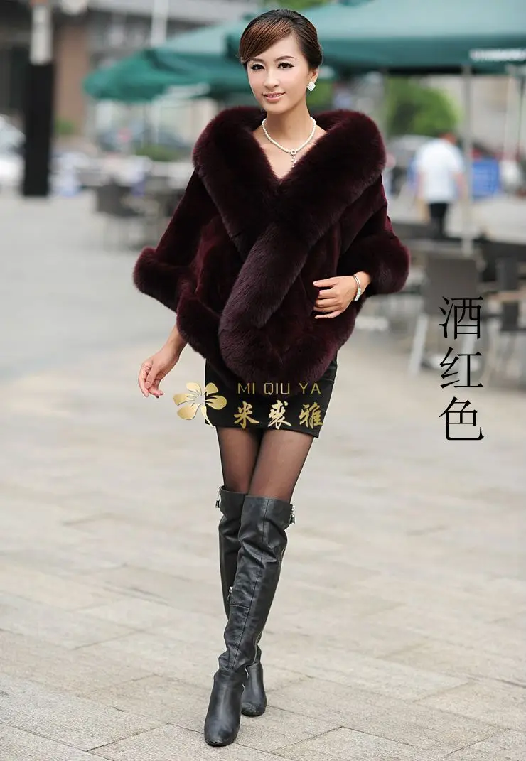 2019 Genuine Fur Fox Rex Rabbit Shawl Cape fur coat Wedding dress clothing Burgundy | Женская одежда