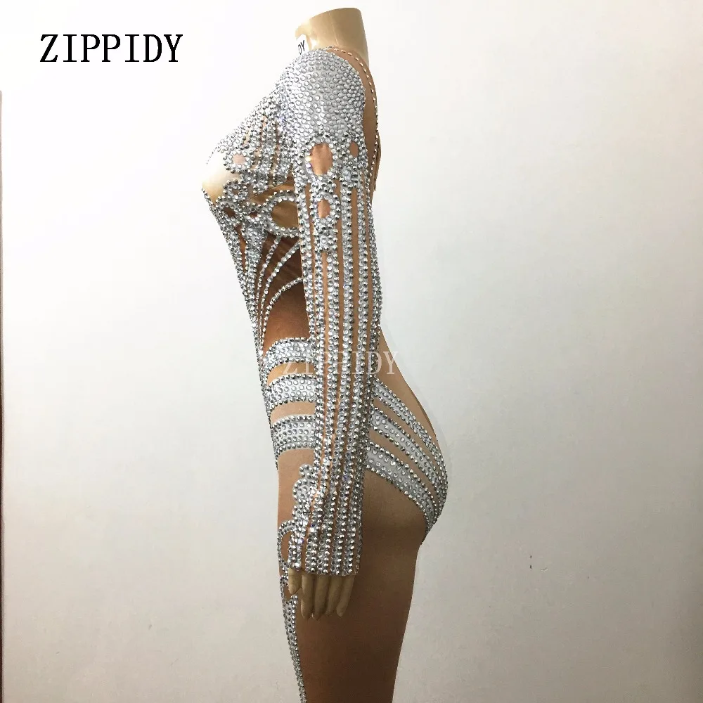 Блестящий Комбинезон с серебристыми кристаллами блестящий костюм со стразами