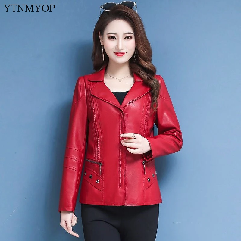 Куртка из кожи YTNMYOP Base Slim Casual Female для женщин больших размеров 5XL с воротником "Turn-down", верх из искусственной замши.