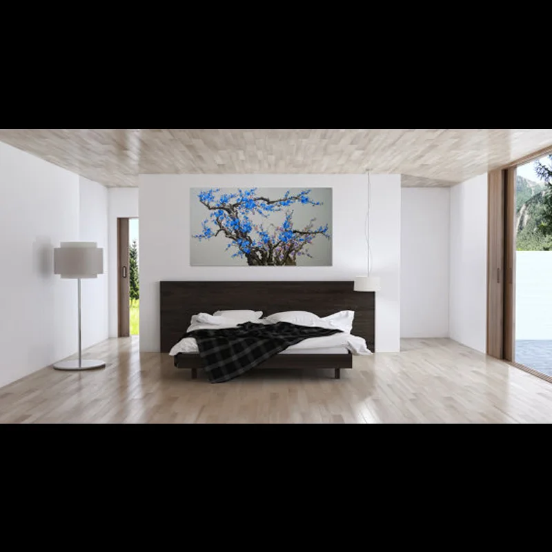 Ручная роспись синяя Цветущая слива цветок дерево картина маслом на холсте