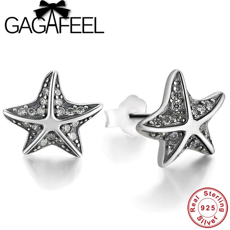 GAGAFEEL Мода 925 пробы серебра в форме морской звезды женские украшения, серьги фоны со сверкающим кубическим цирконием, женские серьги-гвоздики вечерние подарки