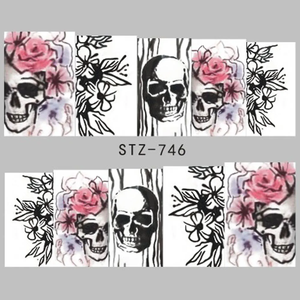STZ746 1 шт. Хэллоуин наклейки для ногтей Череп Роза украшение в виде клоуна Белый Черный Переводные картинки для дизайна ногтей маникюр Фольга LASTZ731-755 - Цвет: STZ746