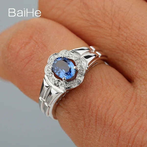 BAIHE Solid 14 k белое золото(AU585) Овальная огранка натуральный голубой сапфир обручальное Обручальное мужское модное Ювелирное кольцо с бриллиантами подарок