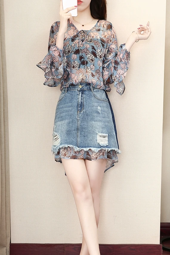 

2018 chiffon shirt denim bag hip dress two-piece dress