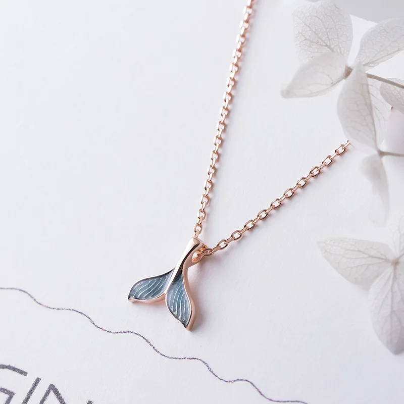 Серебряное ожерелье с синими каплями и глазурью в виде хвоста Русалочки женское