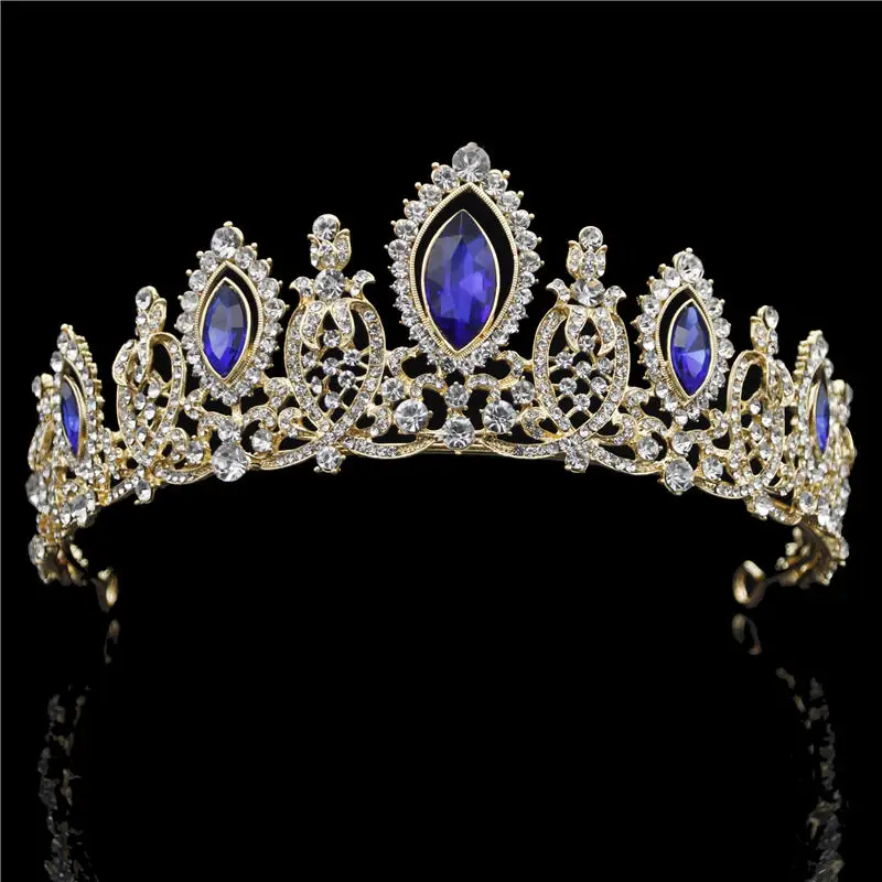 Gold Blue Свадебные повязки кристалл диадемы и короны волосы ювелирные изделия для выпускного Свадебные Crown Royal queen свадьба корона аксессуары для волос - Окраска металла: Gold Blue