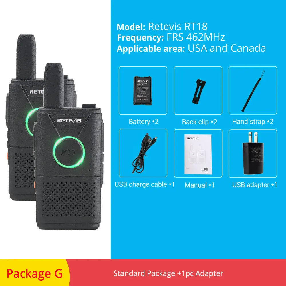 FRS RT18-Package G RETEVIS RT618/RT18 PMR радио перезаряжаемая мини рация 2 шт. PMR446 PMR 446 FRS Dual PTT VOX двухсторонняя рация - Цвет: FRS RT18-Package G