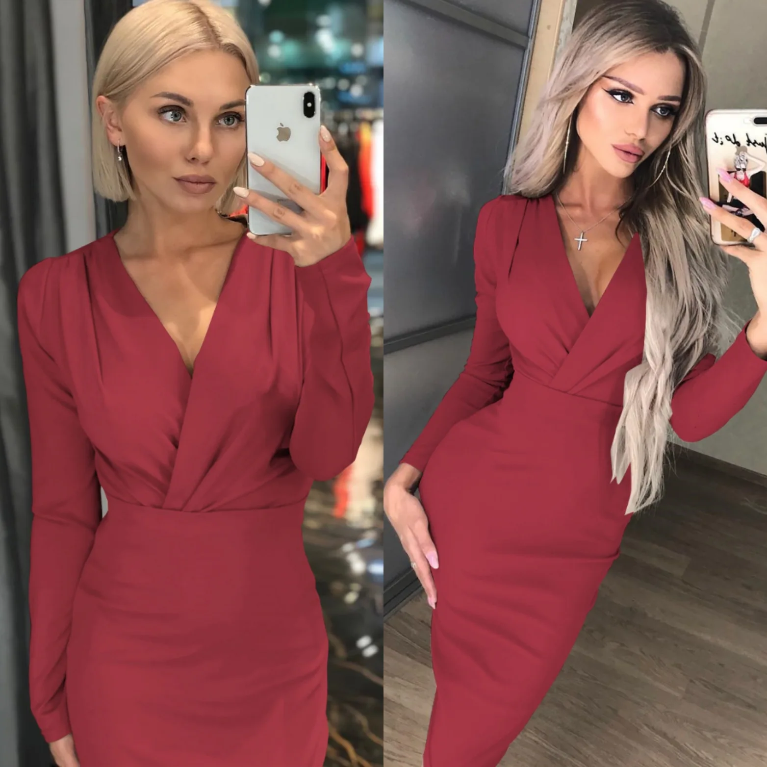 Сексуальное платье с глубоким v образным вырезом и длинными рукавами облегающее