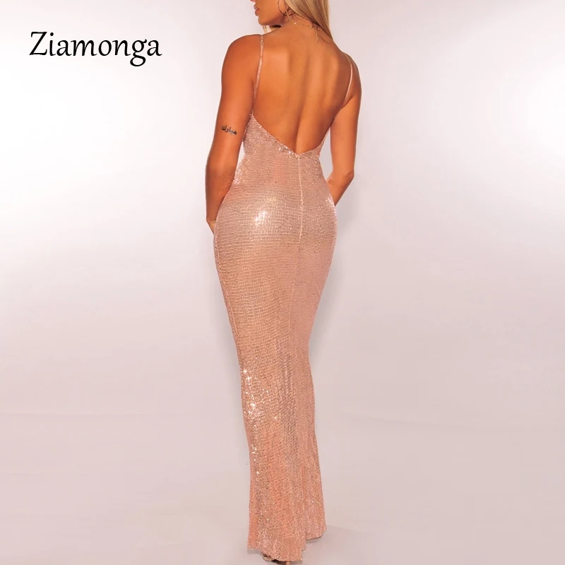 Ziamonga Summer Shiny Gold Sequined V Neck Maxi Dress Backless Maxi Dress Stretchy Backless Floor Length Formal Party Dress