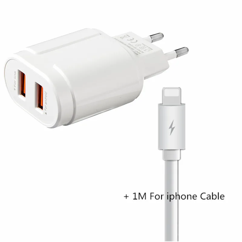 white ios Двойное зарядное устройство для iPhone, samsung, sony, Xiaomi, huawei, 5 В, 2,4 А, адаптер для мобильного телефона, USB, быстрое зарядное устройство, ЕС, США, адаптер для телефона - Тип штекера: white ios