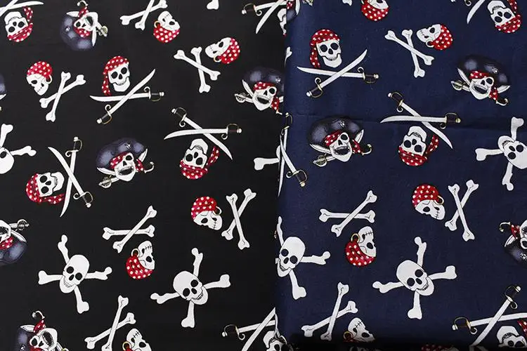 

Cotton Fabric Black Dark Blue Restoring Pirate Skull Printing Micro Spring Clothing DIY Patchwork Tissus 50cm