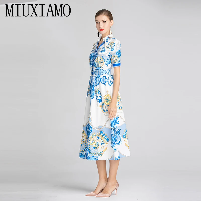 Высококачественное винтажное платье MIUXIMAO 2019 новейшее синее Повседневное с