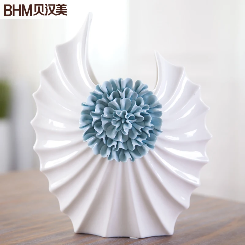 Большой Керамика ваза синего цвета с изображением дерева и цветов в горошек