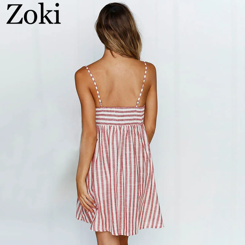 Женское мини платье Zoki с бантом на шее принтом в полоску тонких бретельках