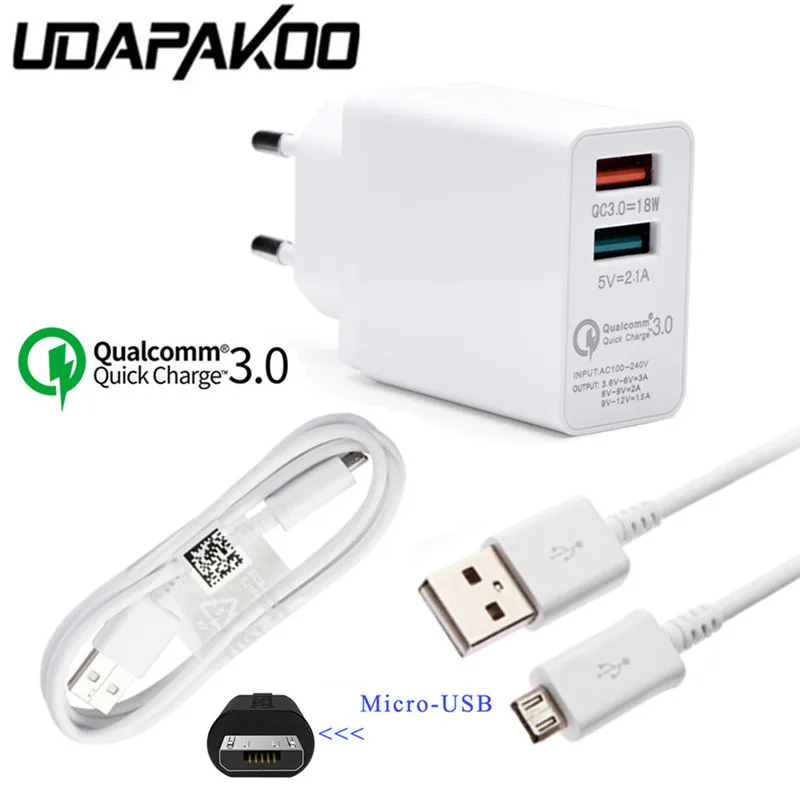 ЕС Quick Charge QC 3.0 2.0 18 Вт 2 USB порта fast Зарядное устройство адаптер + 1 м кабеля micro usb для