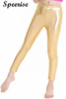 Speerise Children High Waisted Ankle-length Gold Shiny Metallic Pants Lycra Spandex Nylon Dance Ballet Leggings for Kids