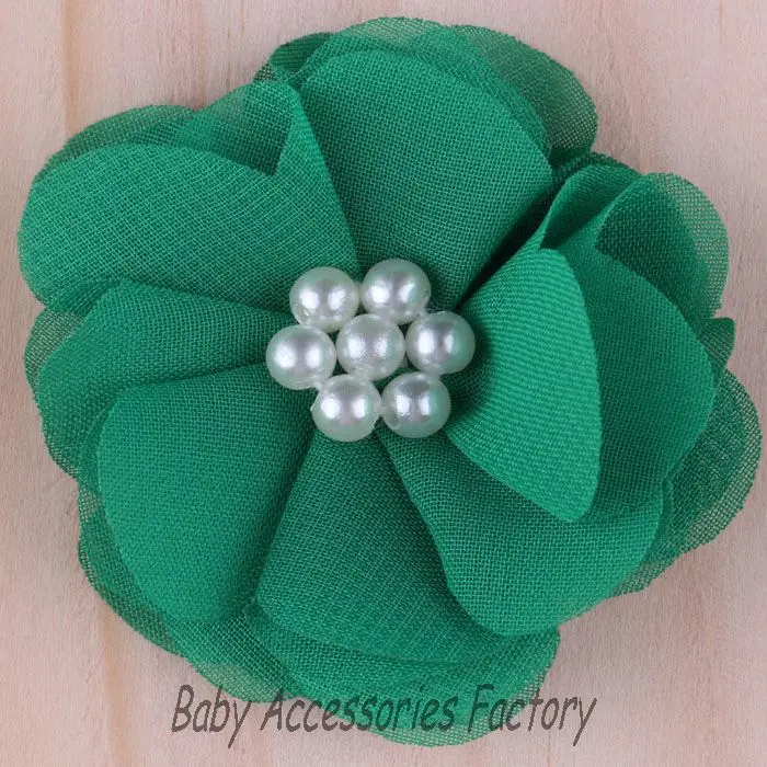 (120 шт./лот) Модные шифоновые цветы из ткани с шикарным жемчужным центром для детей