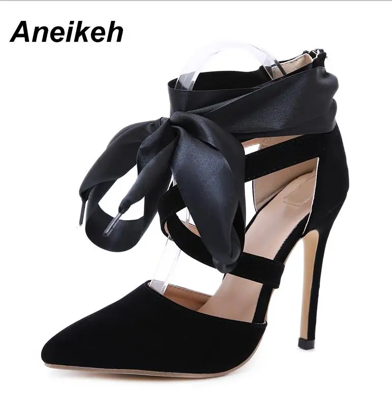Black Aneikeh/летние пикантные женские туфли-лодочки из искусственной замши с острым носком на тонком ремешке на щиколотке черная обувь на высоком каблуке Размеры 35-40 - Цвет: Black