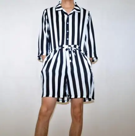 S-4XL NEW Summer Men's clothing personality Fashion Loose stripe tooling jumpsuit set Plus size male singer costumes thin | Мужская