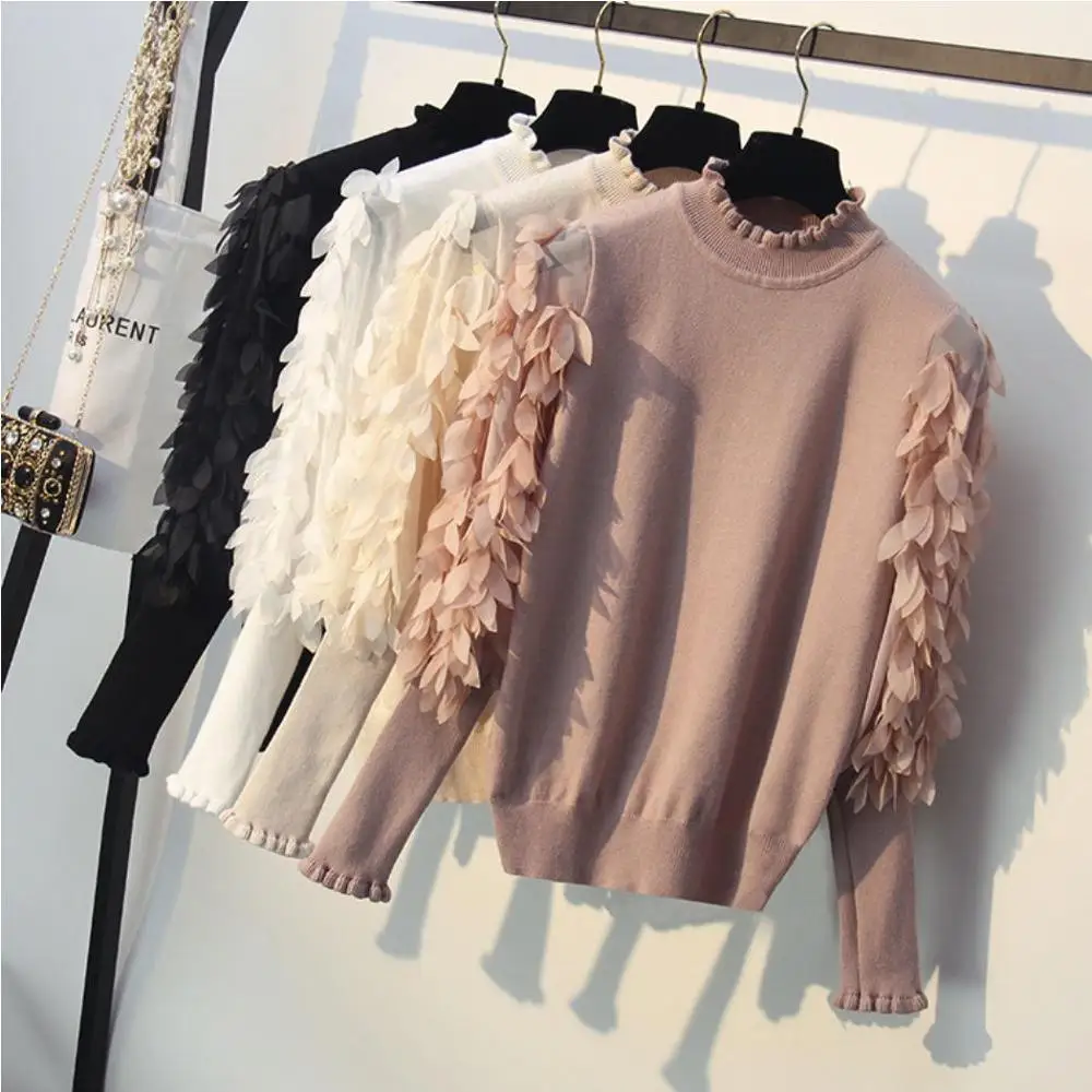 Half-high collar Sweater Women's Head Loose Autumn And Winter Mesh Leaf Mosaic Lantern Sleeve B ottoming | Женская одежда
