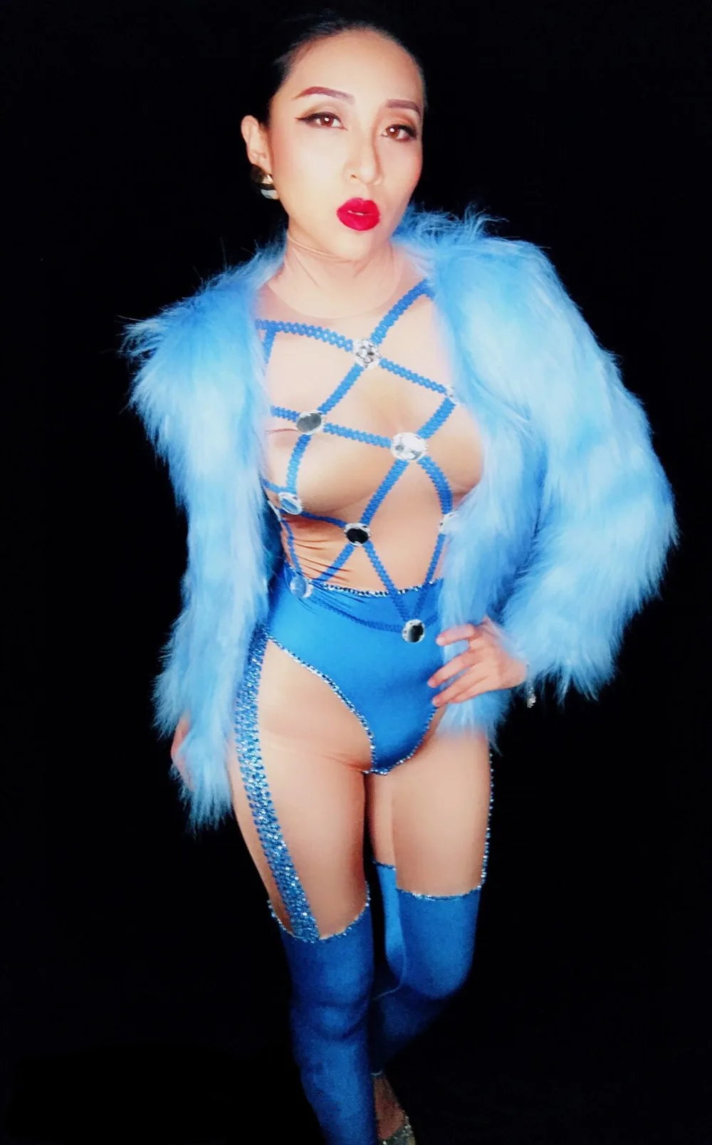 Синий блестящий сексуальный комбинезон со стразами для женщин на день рождения